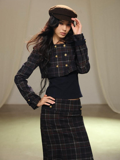lvetong Plaid Wool Blend Cropped Jacket Long Sleeve Fishtail Skirt Women&