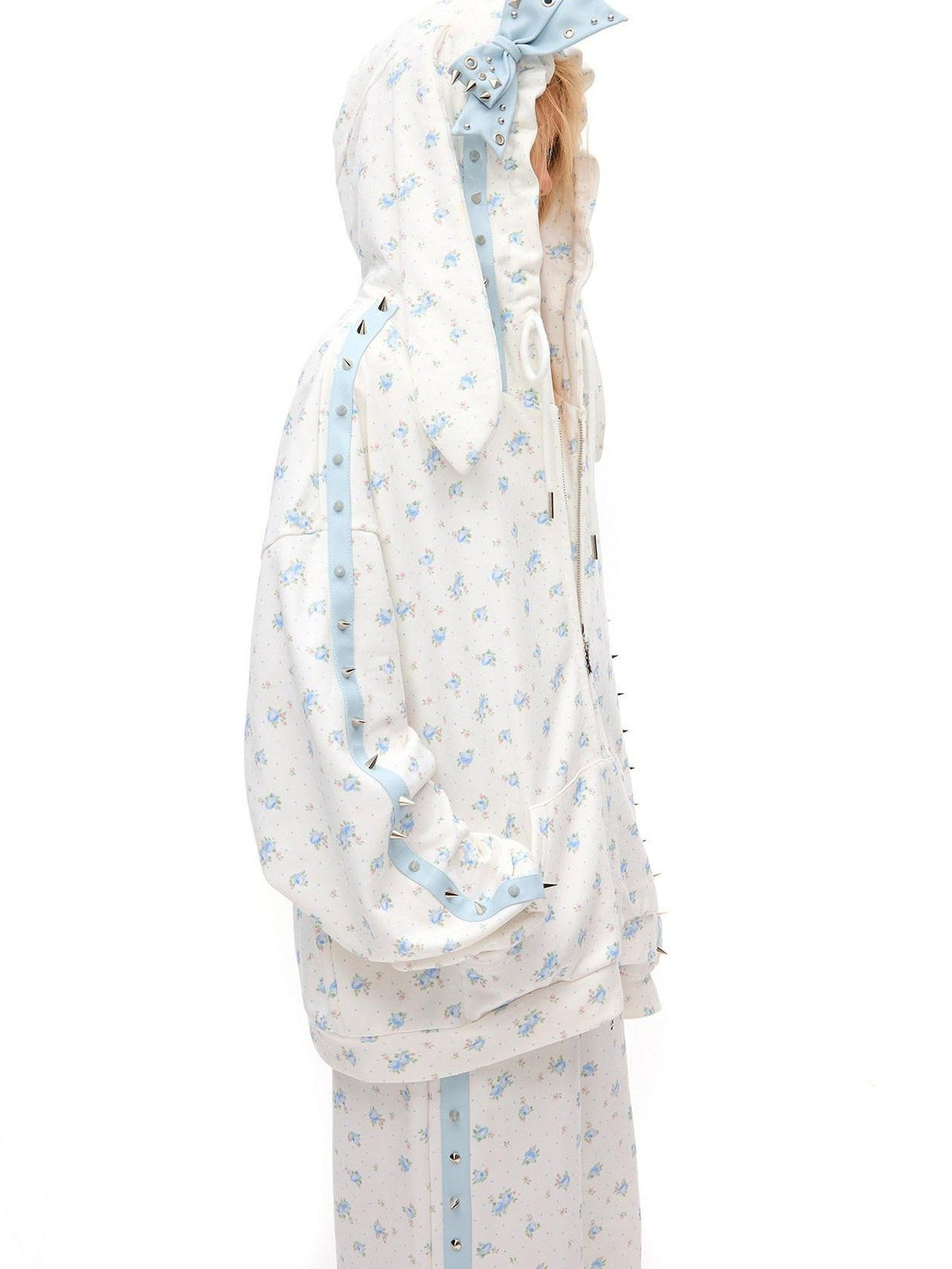 CFIERCE Rose Thorn Floral Rabbit Ear Oversized Zip Hooded Women&
