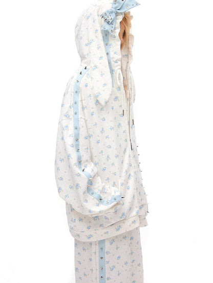 CFIERCE Rose Thorn Floral Rabbit Ear Oversized Zip Hooded Women&