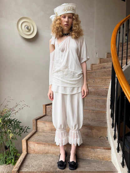 1JINN STUDIO Solid Lace Lantern Style Loose Drape Elastic Waist Women&