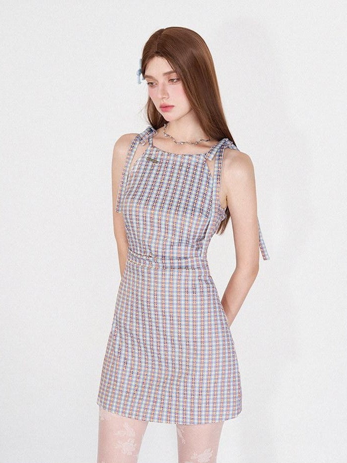 AFTADAWN Grapevine Plaid Halter Tie Ruched Women&
