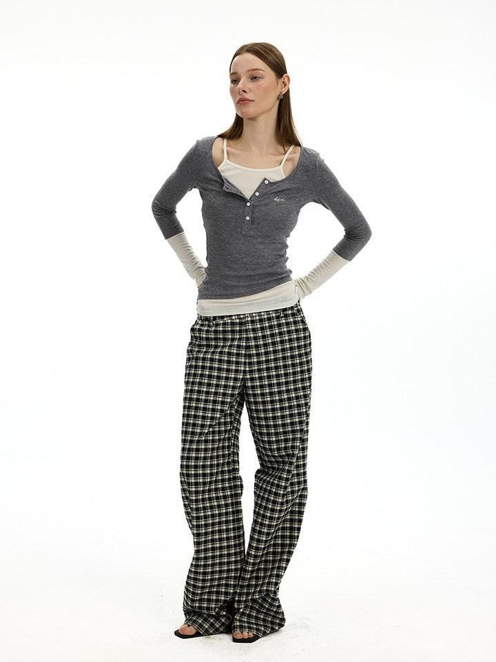 AFTADAWN Plaid Relaxed Mid Rise Natural Waist Pocketed Zip Fly Women&