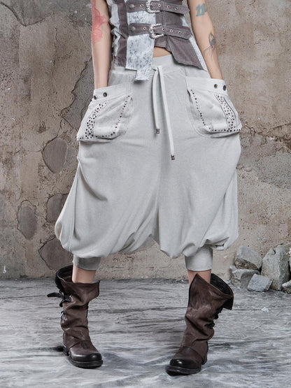 ARIADNAw Light Gray Retro Punk Drop Crotch Big Pocket Rhinestone Women&