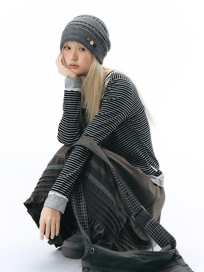 NAPSNAPS Lace Trim Striped Mock Layer Round Neck Knit Women&