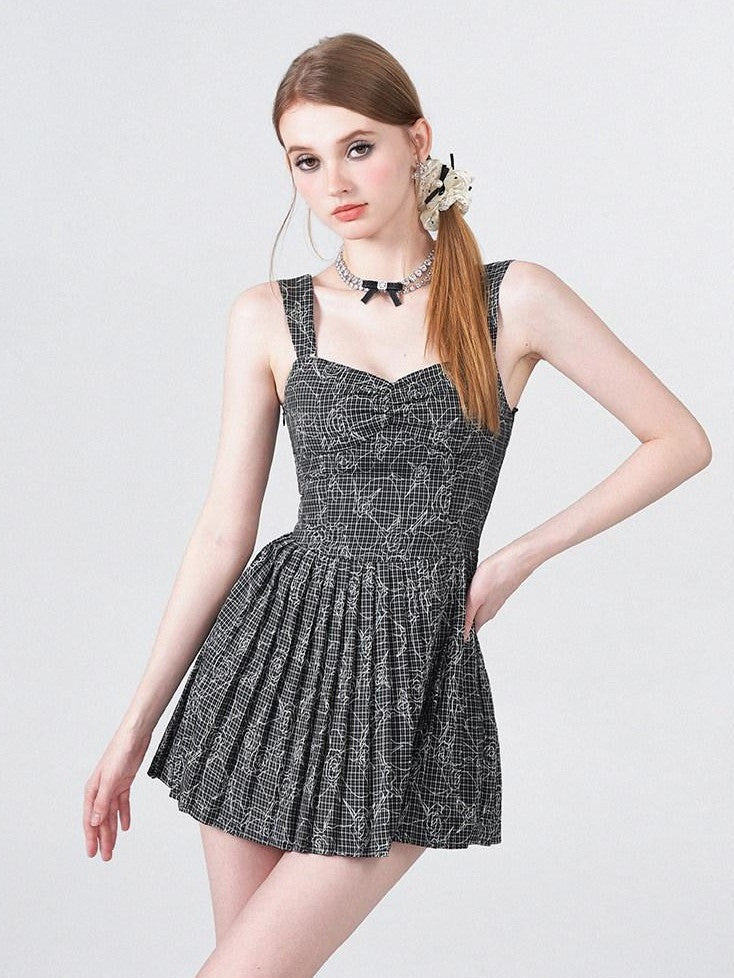 AFTADAWN Black White Check Rose Embroidery Pleated Women&
