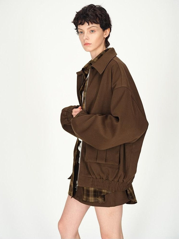 AFTADAWN Brown Lapel Double Zip Pockets A Line Women&