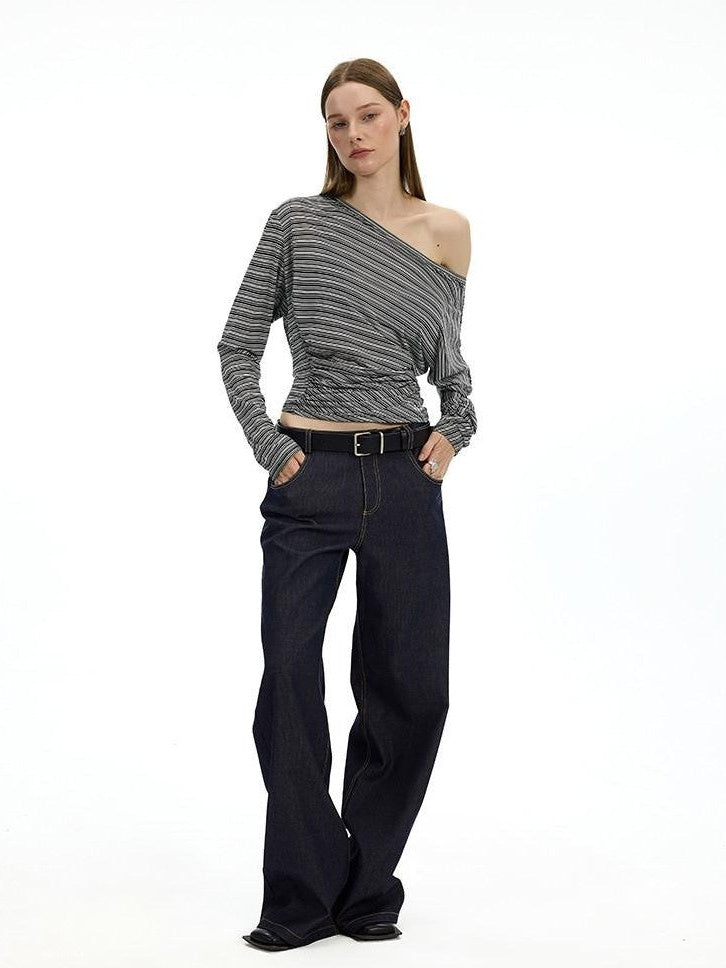 AFTADAWN Striped Asymmetrical One Shoulder Ruched Women&