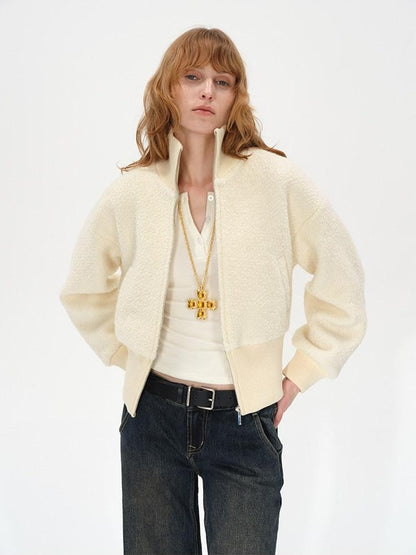 AFTADAWN Ivory Ribbed Knit Zip Stand Collar Women&