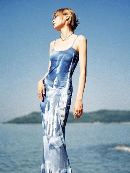 CFIERCE Coastal Castle Floral Print Slip Mermaid Maxi Dress