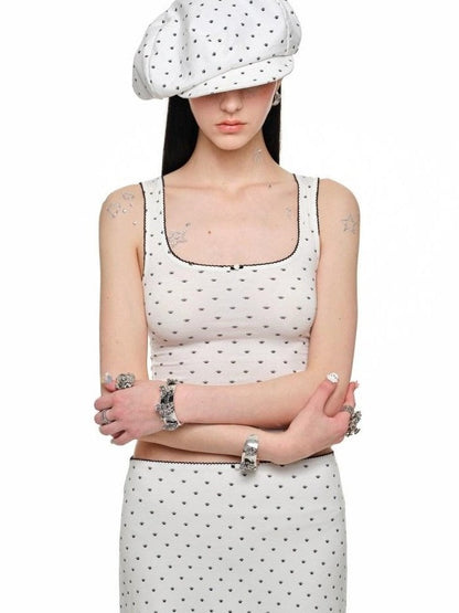 1JINN STUDIO Polka Dot Cat Paw Lace Round Neck Slim Knit Pencil Women&