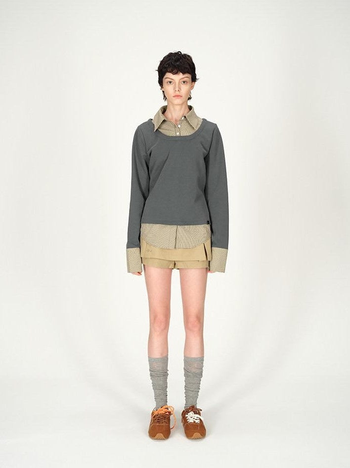 AFTADAWN Grey Plaid Spliced Faux Two Piece Polo Women&
