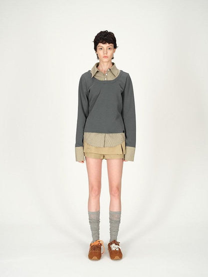 AFTADAWN Grey Plaid Spliced Faux Two Piece Polo Women&