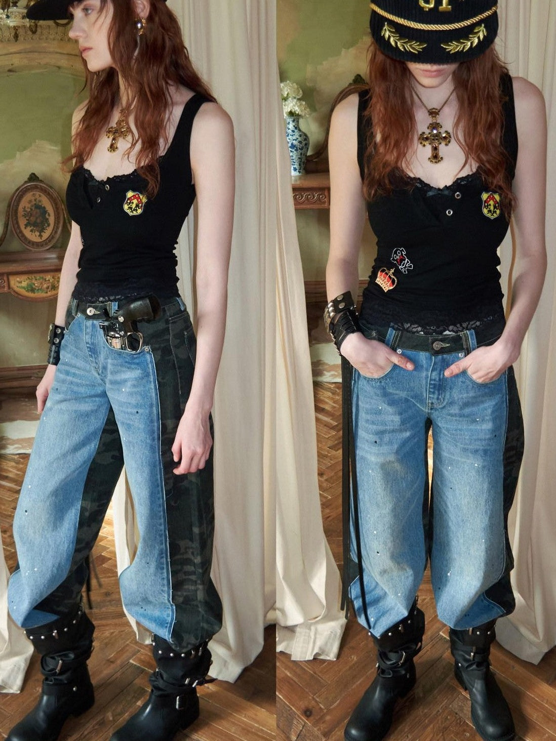 1JINN STUDIO Vintage Double Sided Camo Patch Ink Splatter Women&