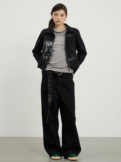 Achihara Print Fleece Lined Stand Collar Cotton Denim Women&
