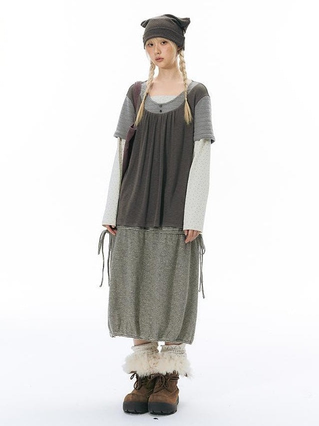 NAPSNAPS Vintage Spliced Faux Layered Round Neck Women&