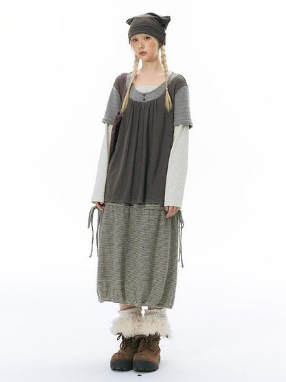 NAPSNAPS Vintage Spliced Faux Layered Round Neck Women&