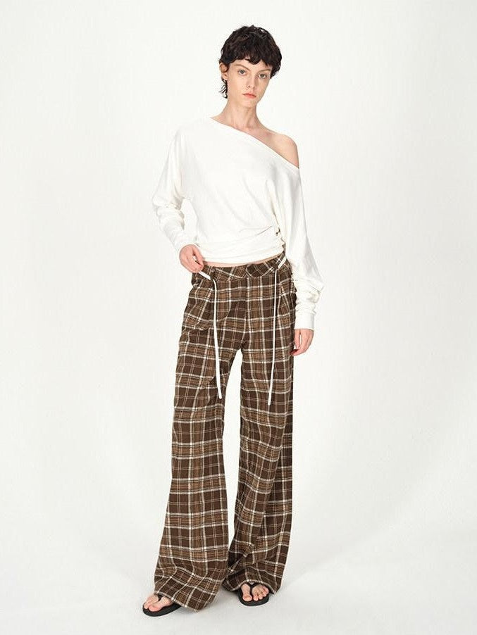 AFTADAWN Plaid Textured Pleated Low Waist Women&