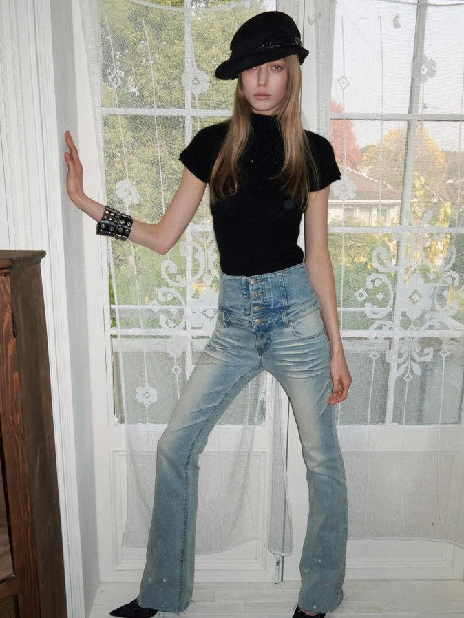 1JINN STUDIO Vintage Washed High Waist Panel Asymmetrical Brushed Women&