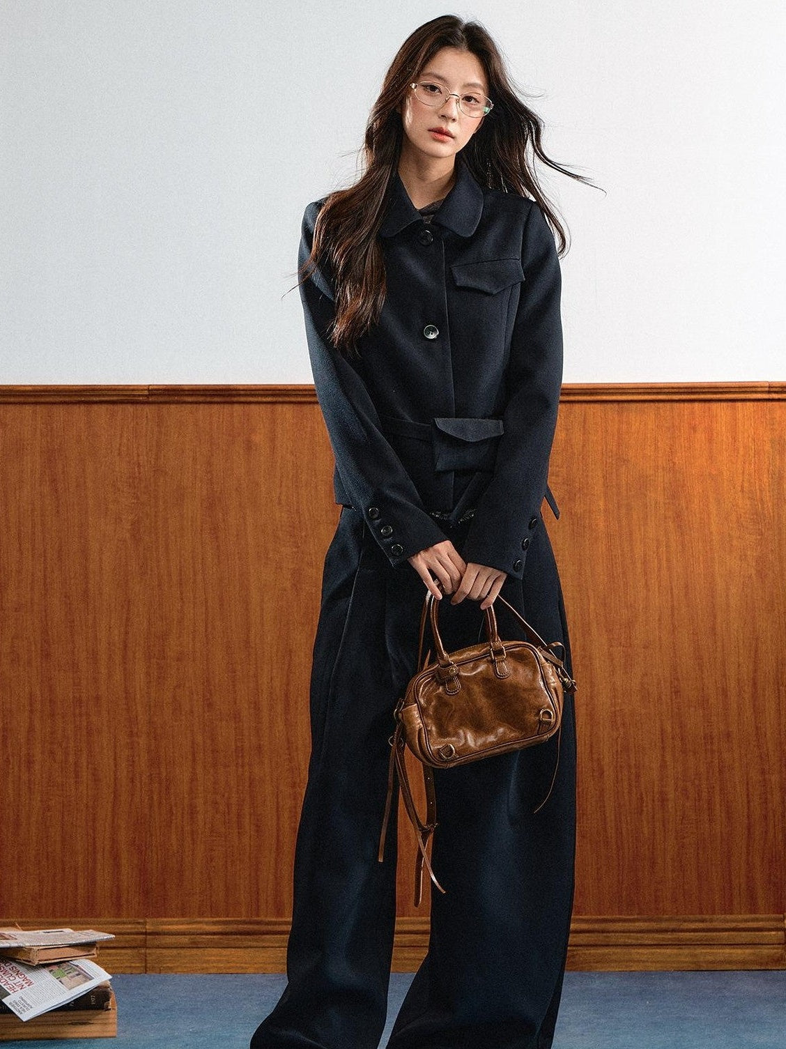 7Shiftin Retro Lapel Detachable Waist Bag Loose Wide Leg Women&
