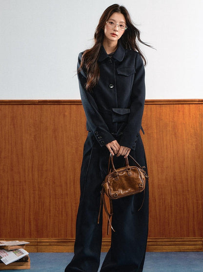 7Shiftin Retro Lapel Detachable Waist Bag Loose Wide Leg Women&