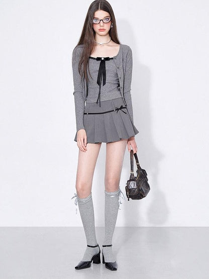 AFTADAWN Grey Bow Cardigan Pleated Skirt Women&