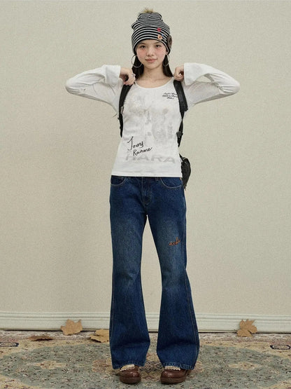 Achihara Embroidered Flared Jeans Distressed Denim Trousers