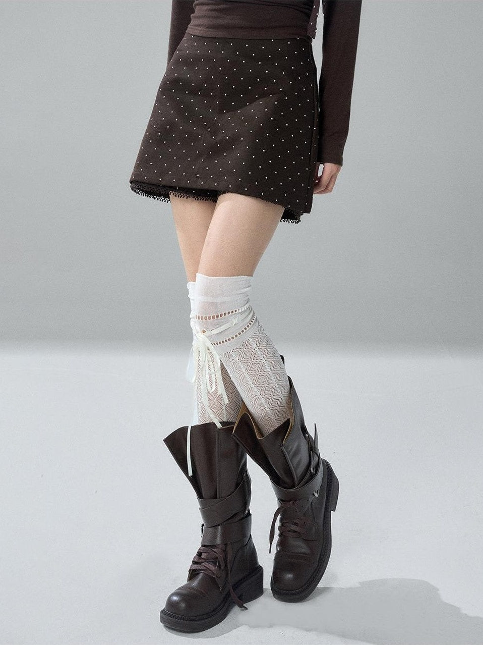 LADYGHOST Brown Polka Dot Lace Print Bodycon Women&