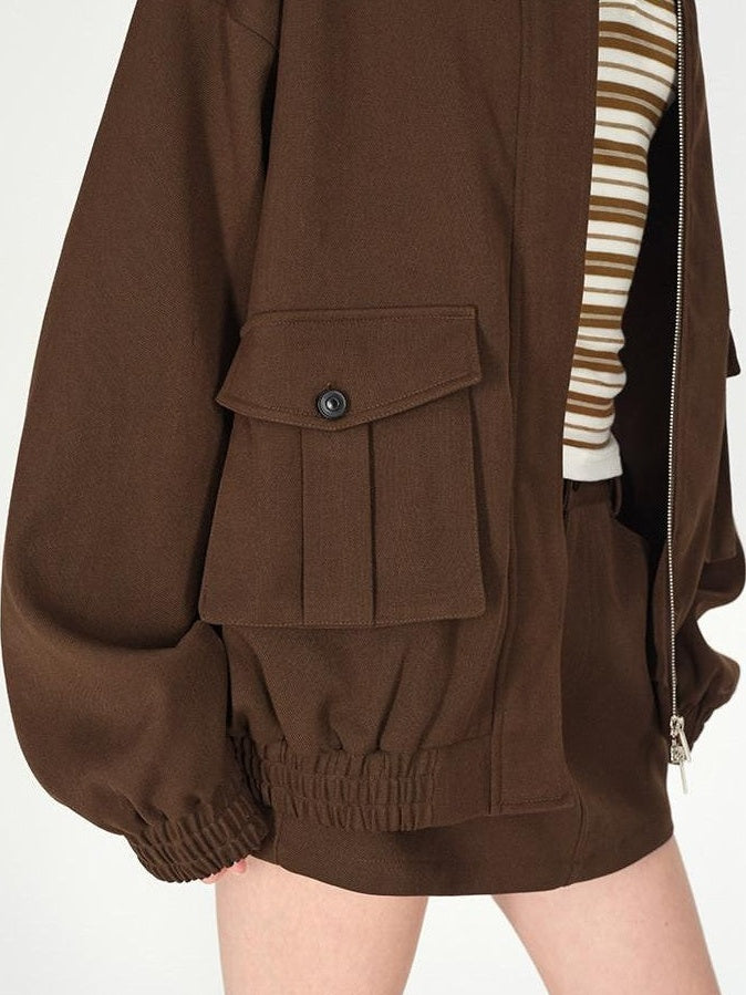 AFTADAWN Brown Lapel Double Zip Pockets A Line Women&