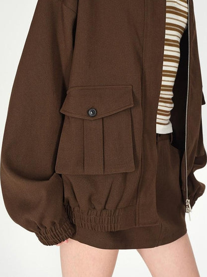 AFTADAWN Brown Lapel Double Zip Pockets A Line Women&