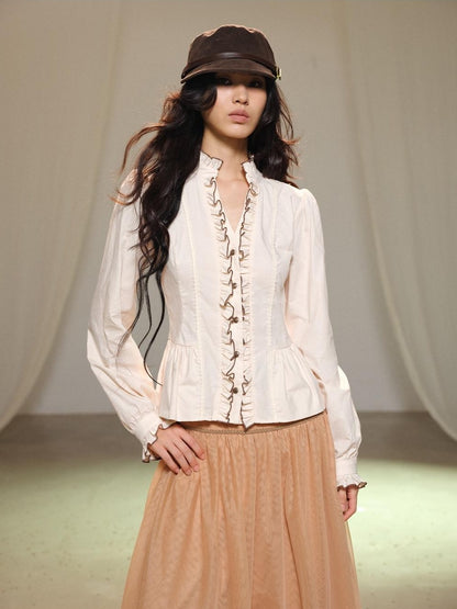 lvetong Beige Bubble Sleeve Ruffle Trim Splice Cinched Waist Women&