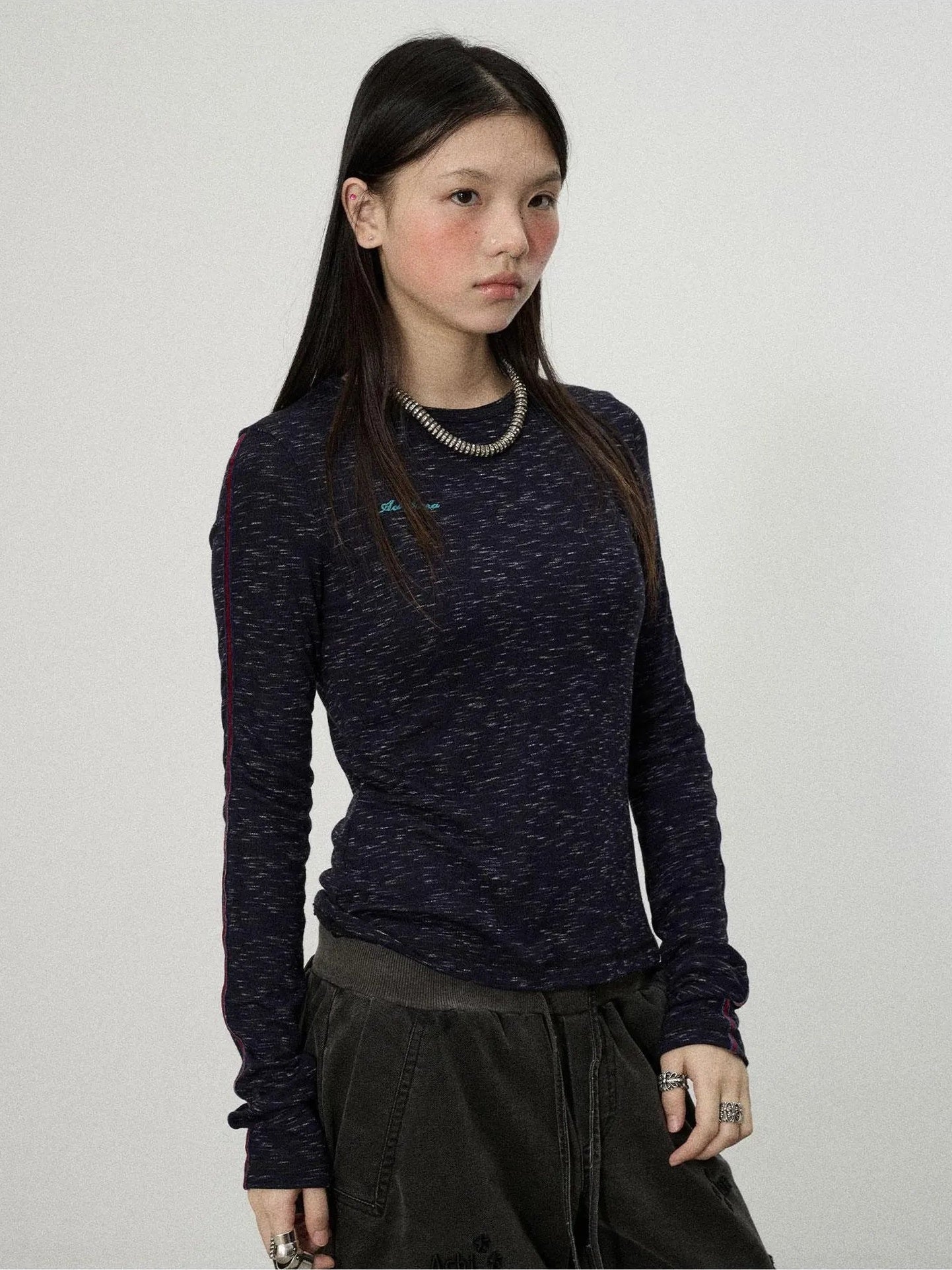 Achihara Striped Velvet Ribbed Long Sleeve V-neck Top