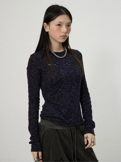 Achihara Striped Velvet Ribbed Long Sleeve V-neck Top
