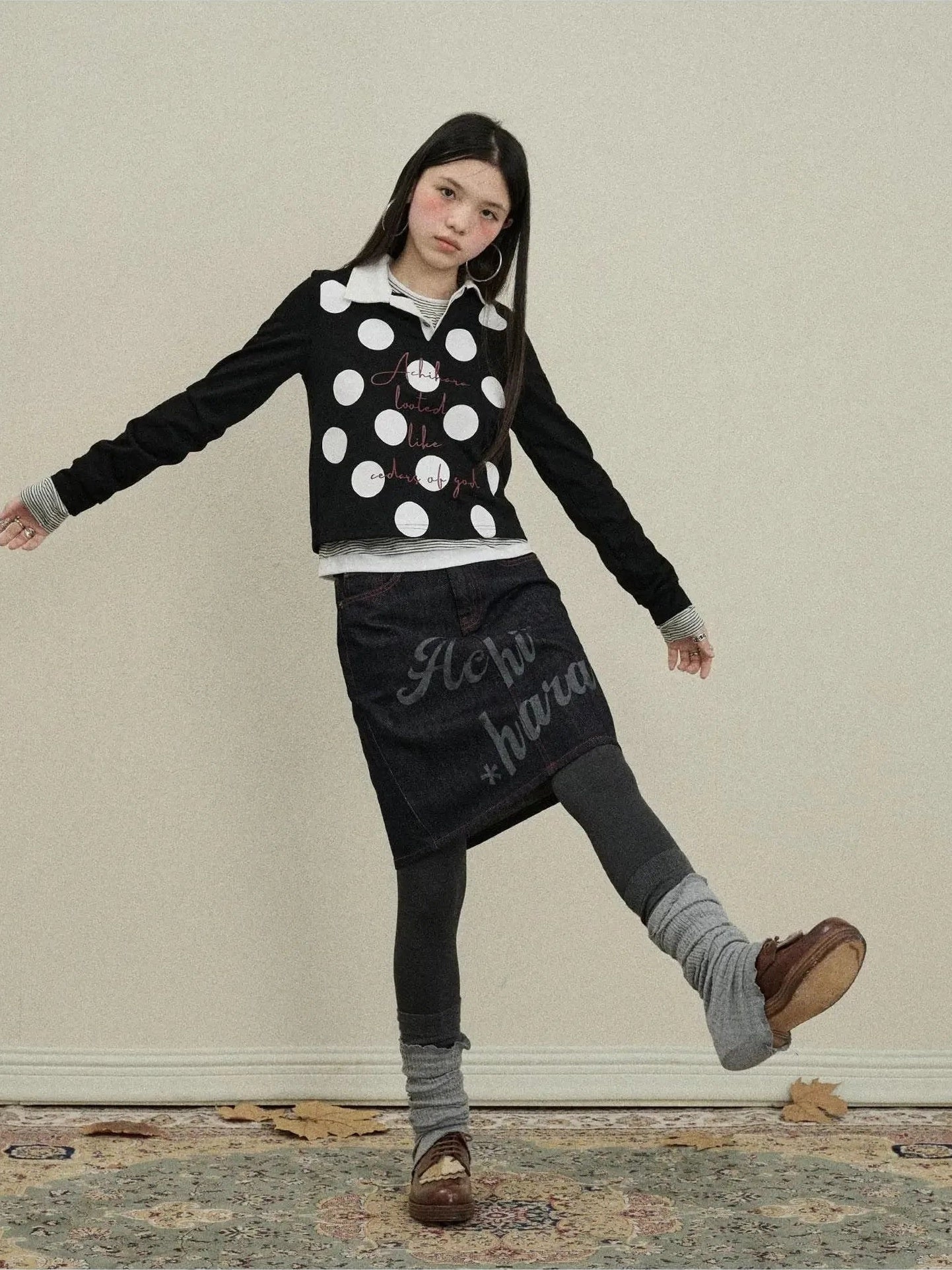 Achihara Denim Print Mini Skirt 2025 Spring Autumn Casual Wear