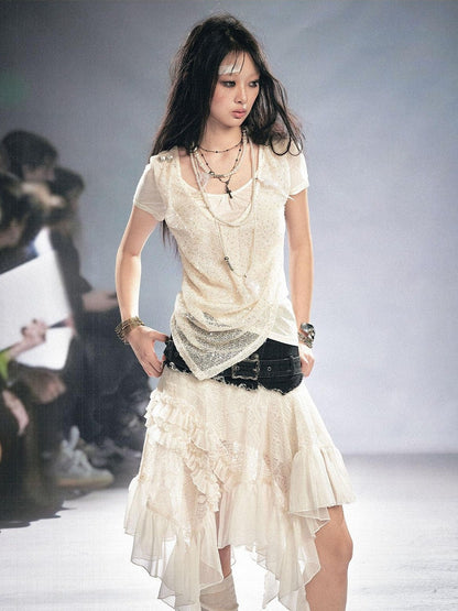 Cest Nous Lace Asymmetrical Irregular Hem Slim Mid Waist Women Girls Elegant Midi Skirt