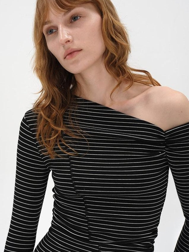AFTADAWN Striped Ruched Off Shoulder Asymmetric Women&