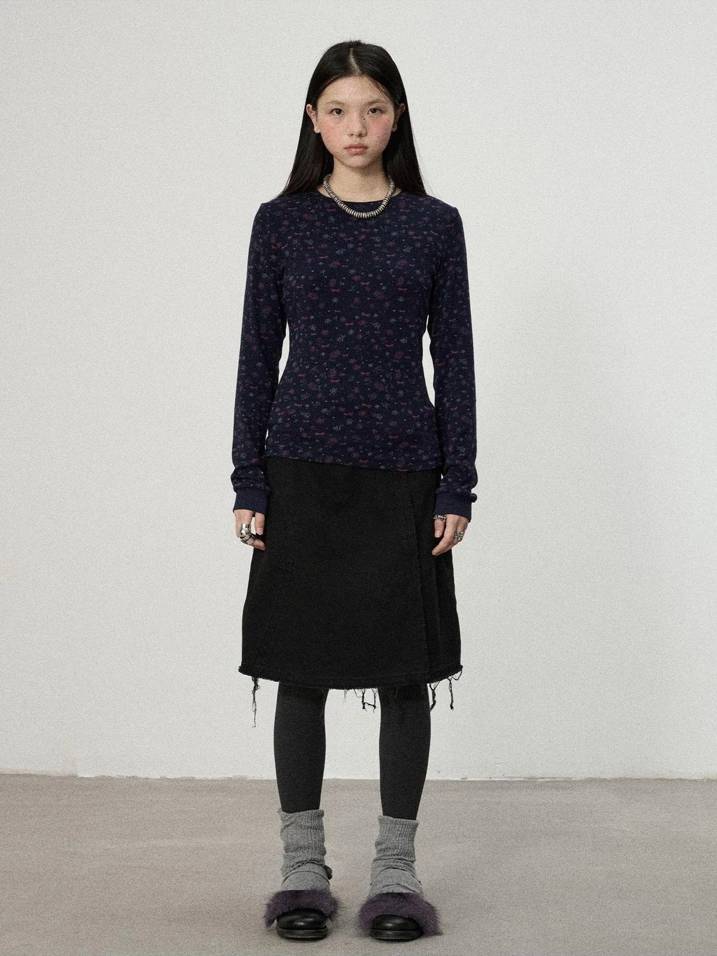 Achihara Two Piece Knit Set With Floral Print V-neck T-shirt Long Sleeve