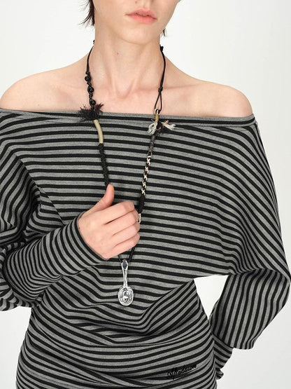 AFTADAWN Ruched Asymmetric Shoulder Striped Embroidered Women&