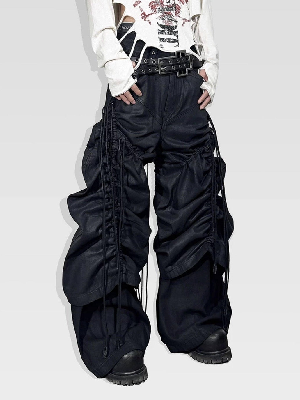 ATAnothingness Pleated Cargo Loose Mid Rise Zipper Cotton Gothic Metal Black Wide-Leg Jeans