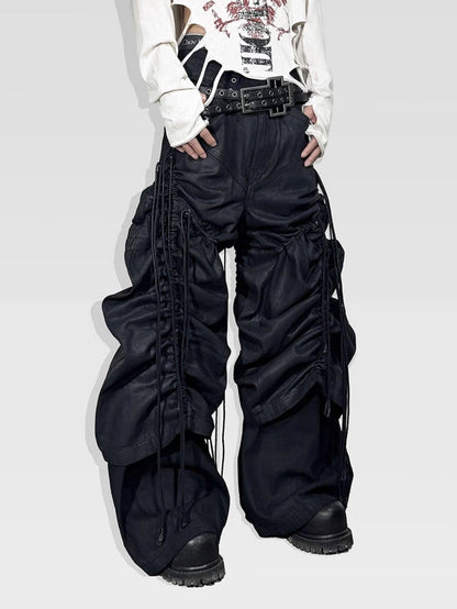 ATAnothingness Pleated Cargo Loose Mid Rise Zipper Cotton Gothic Metal Black Wide-Leg Jeans