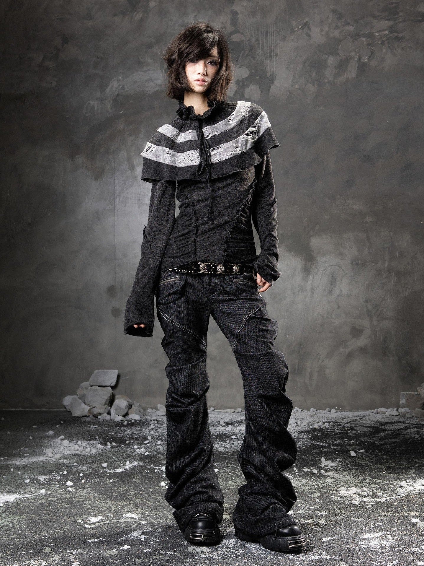 ARIADNAw Black Denim Punk Double Waistband Curved Stacked Texture Women&