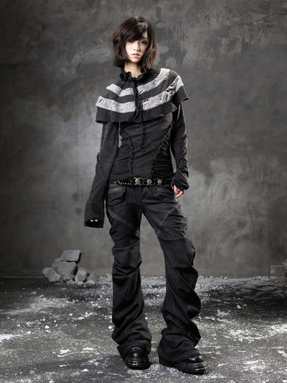 ARIADNAw Black Denim Punk Double Waistband Curved Stacked Texture Women&