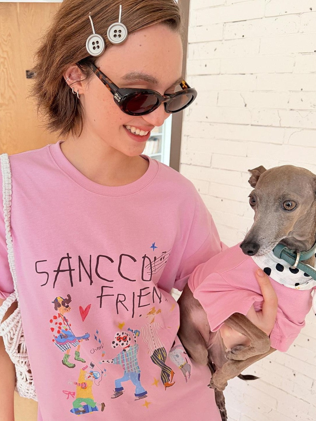 sancco house White Pink Cute Print Crew Neck Women&
