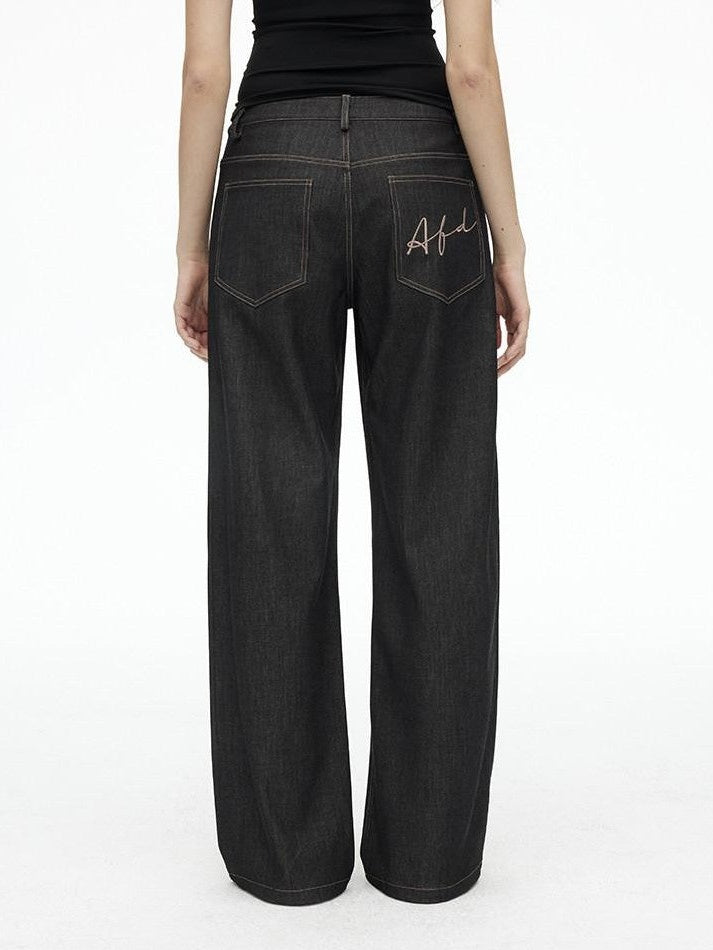 AFTADAWN Faux Denim Back Pocket Embroidery Low Waist Women&
