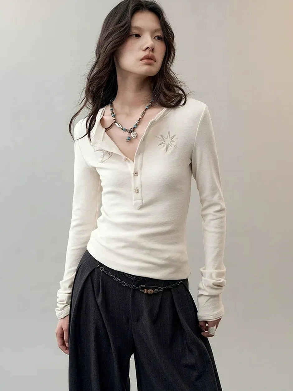 AnnoMundi Rooted Wings Embroidered V-neck T-shirt Long Sleeve T-shirt
