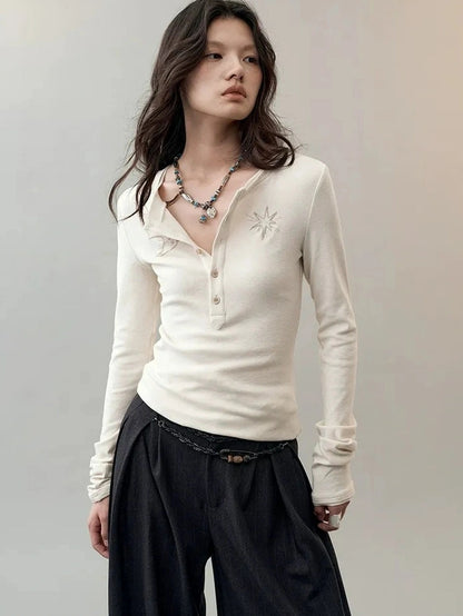 AnnoMundi Rooted Wings Embroidered V-neck T-shirt Long Sleeve T-shirt
