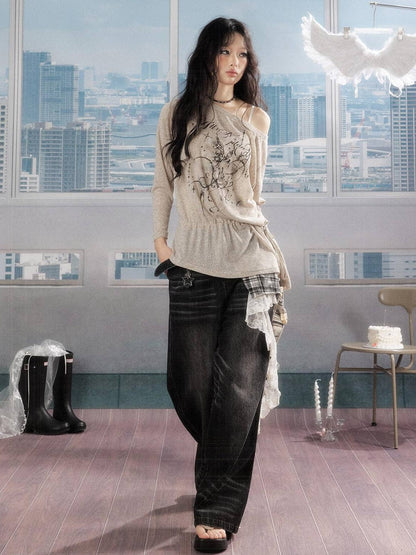 ALL iN plan Uv Protective Loose A Line Sleeve Slanted Neck Women Khaki Long Sleeve T-Shirts
