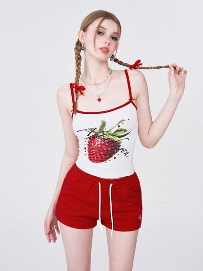 AFTADAWN Strawberry Print Cropped Slim Women&