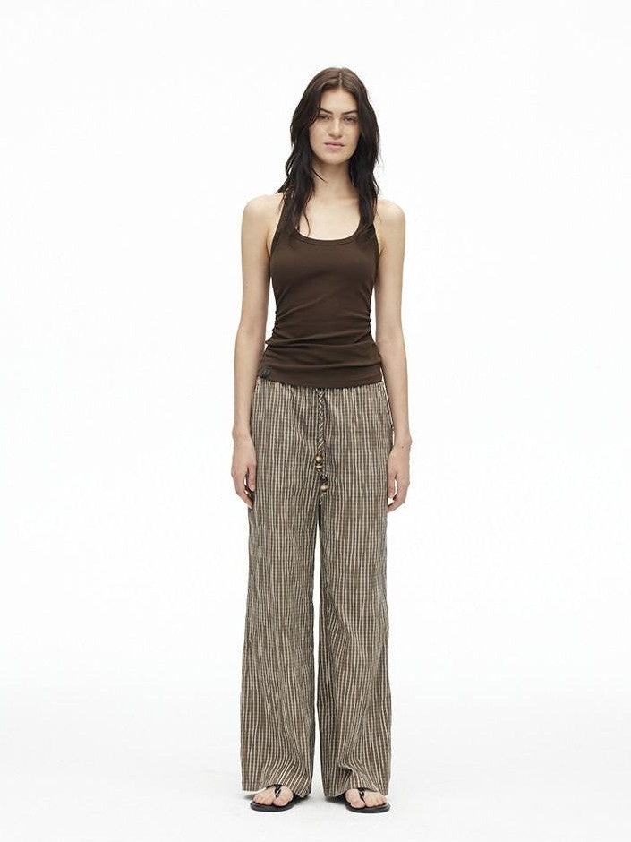 AFTADAWN Vertical Check Textured Beaded Drawstring Women&