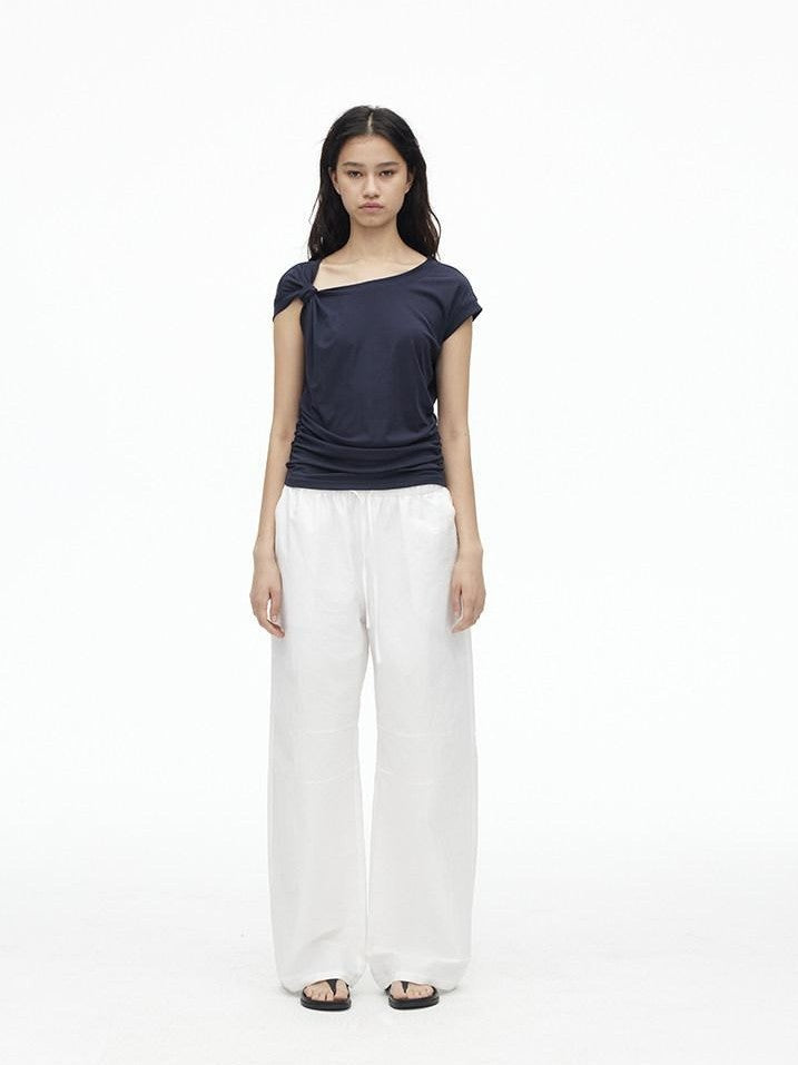 AFTADAWN Dark Blue Knotted Slanted Shoulder Slim Fit Women&