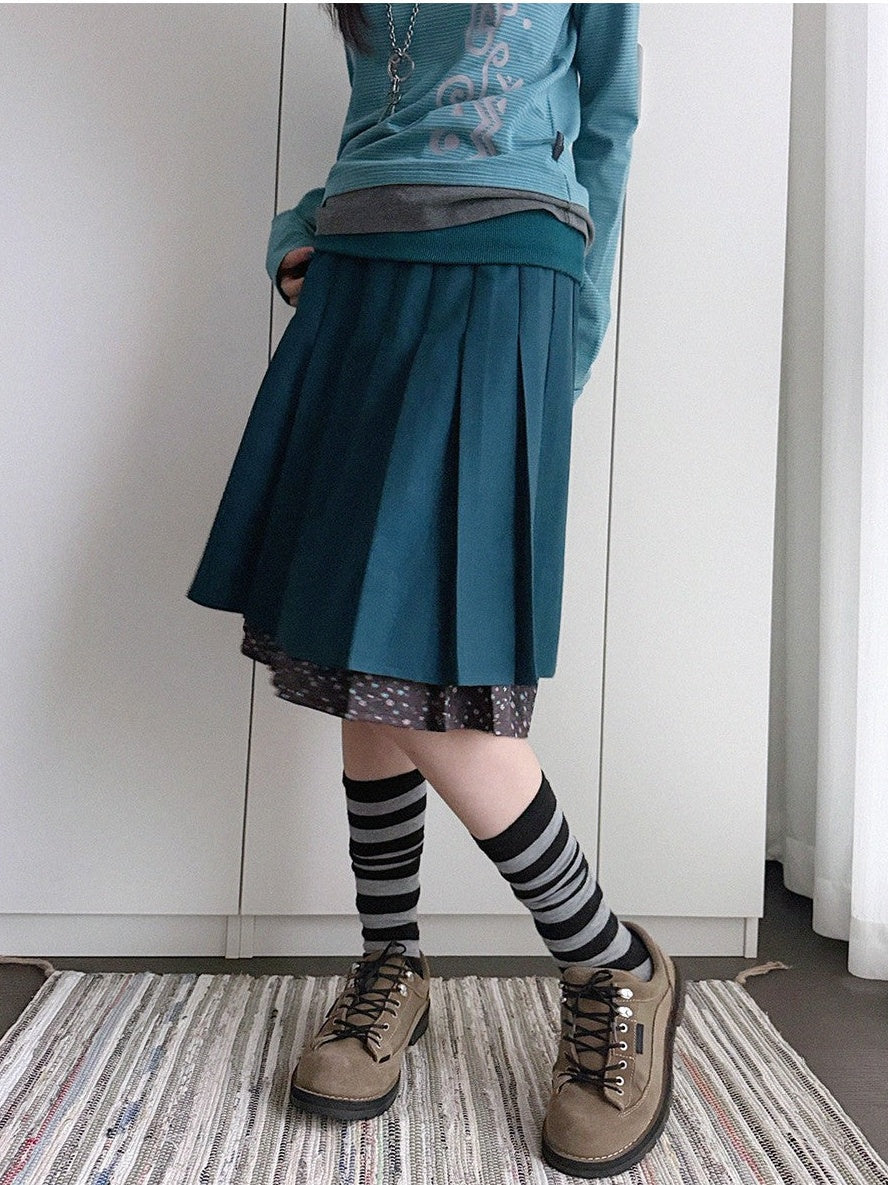 innomoood Pleated Spliced Floral Print A Line Elastic Waist Women&